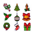 Christmas icon set. Christmas tree, Sock, wreath, bells, candy cane, ball, candle, gift box, poinsettia flower Royalty Free Stock Photo